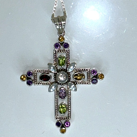 NWOT Nicky Butler Genuine Multi Gemstone Sterling Silver Cross Necklace Boho